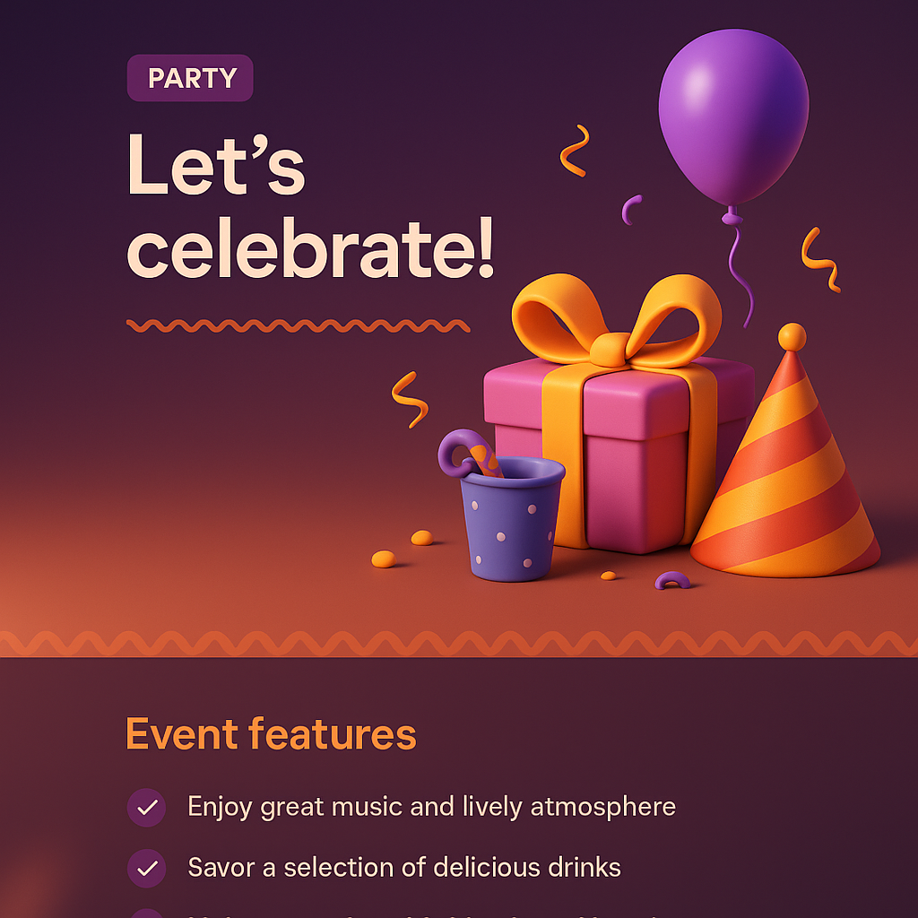 Vibrant Party Landing Page Design with 3D Elements
