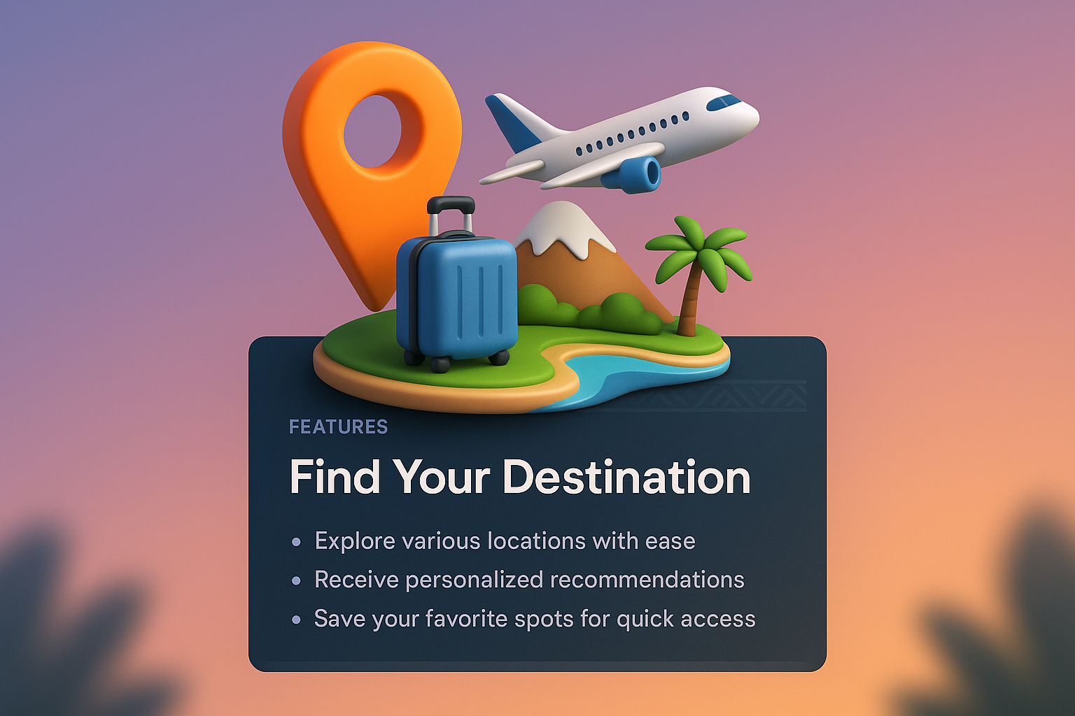 3D Web Design with Travel Theme and Features Block