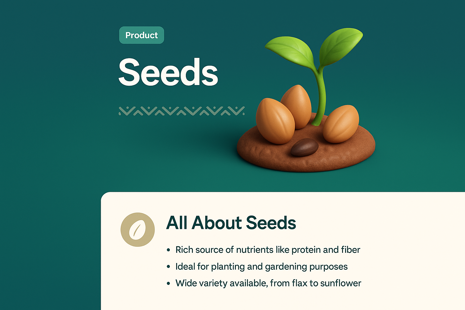 3D Landing Page Design Featuring Seeds with Nutritional Details