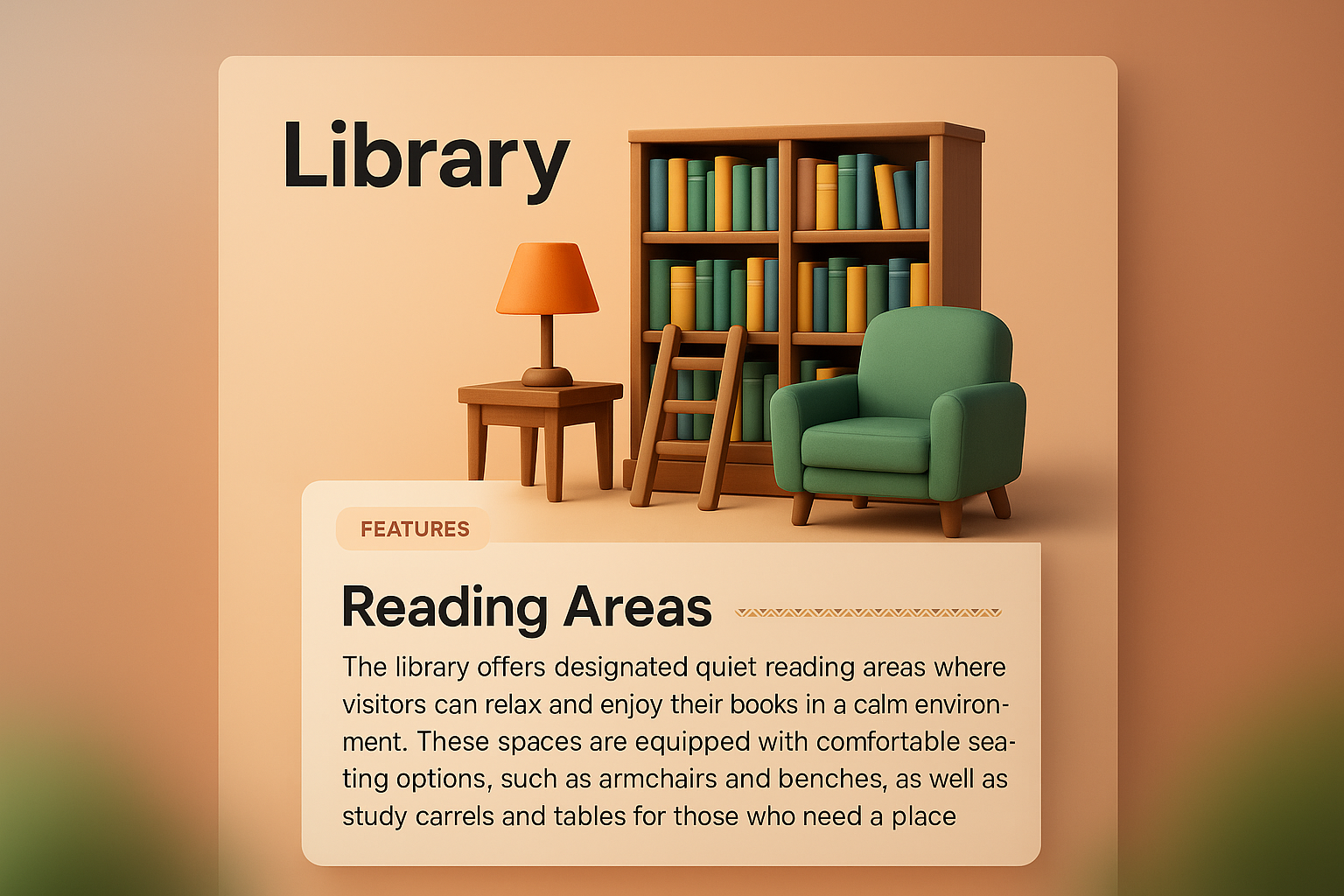 3D Visualization of a Cozy Library with Reading Areas