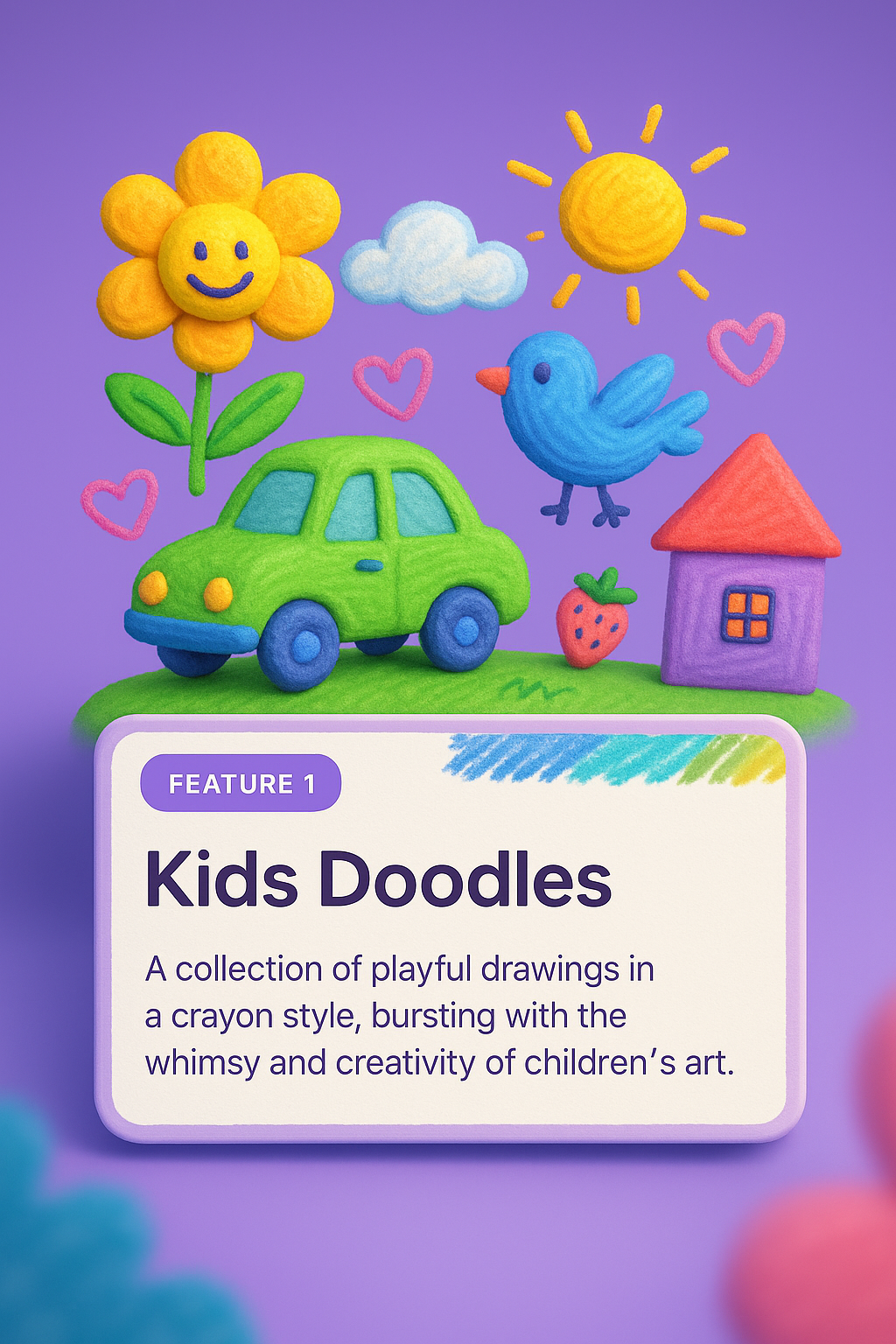 Colorful Kids Doodles and Toys in Crayon Style