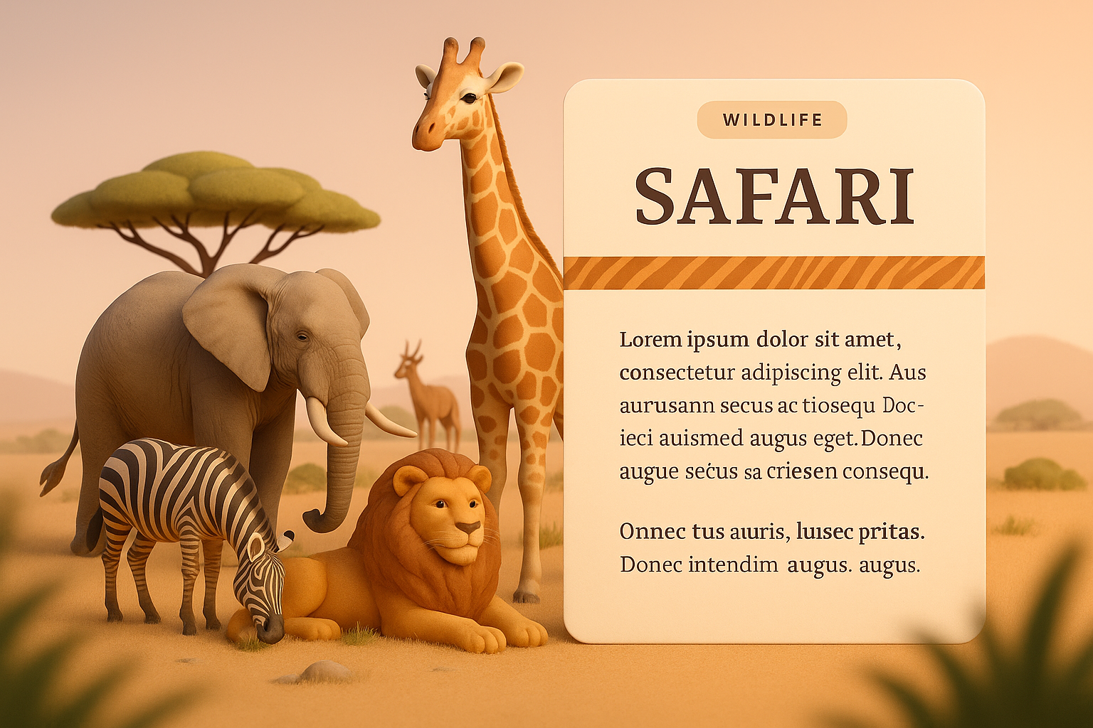 3D Safari Illustration Featuring Animals in a Vibrant Landscape