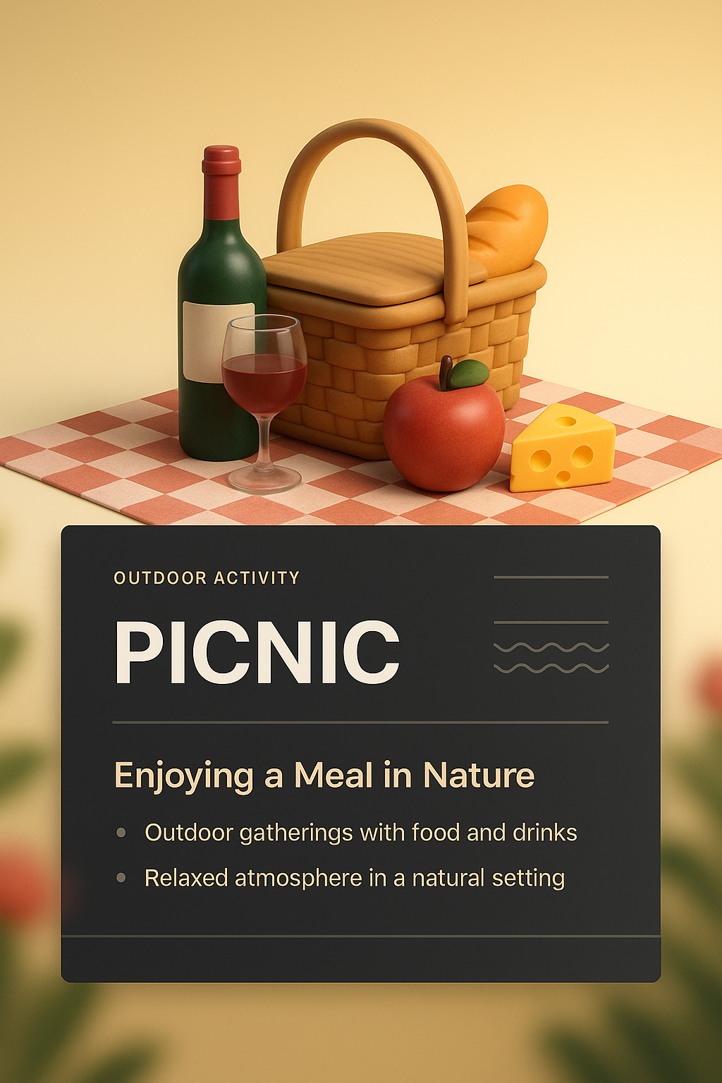 3D Picnic Illustration with Food and Drink Elements