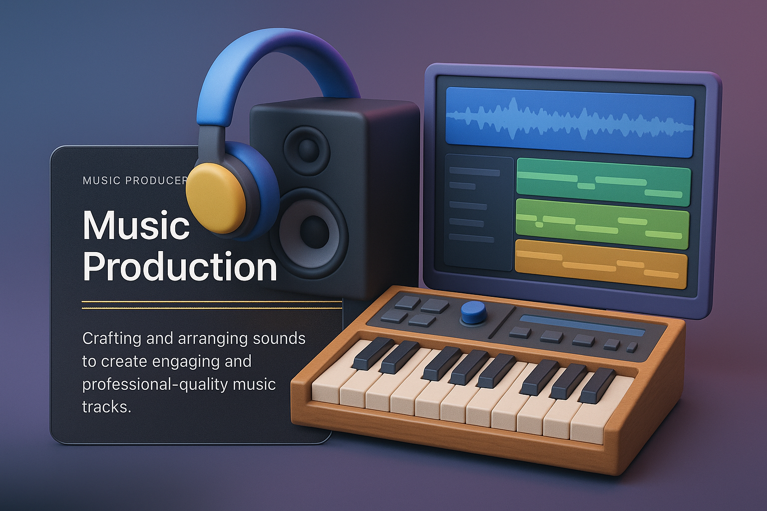 3D Music Production Illustration with Headphones and Keyboard