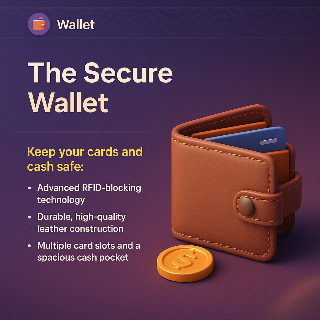 3D Illustration of a Secure Wallet with Features Description
