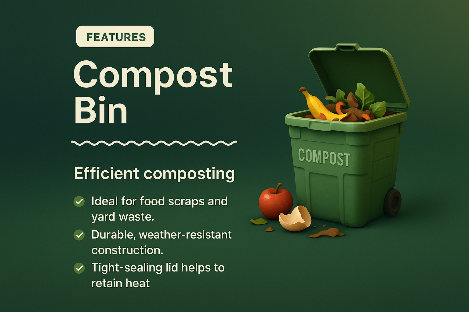3D Illustration of a Compost Bin with Features Highlighted