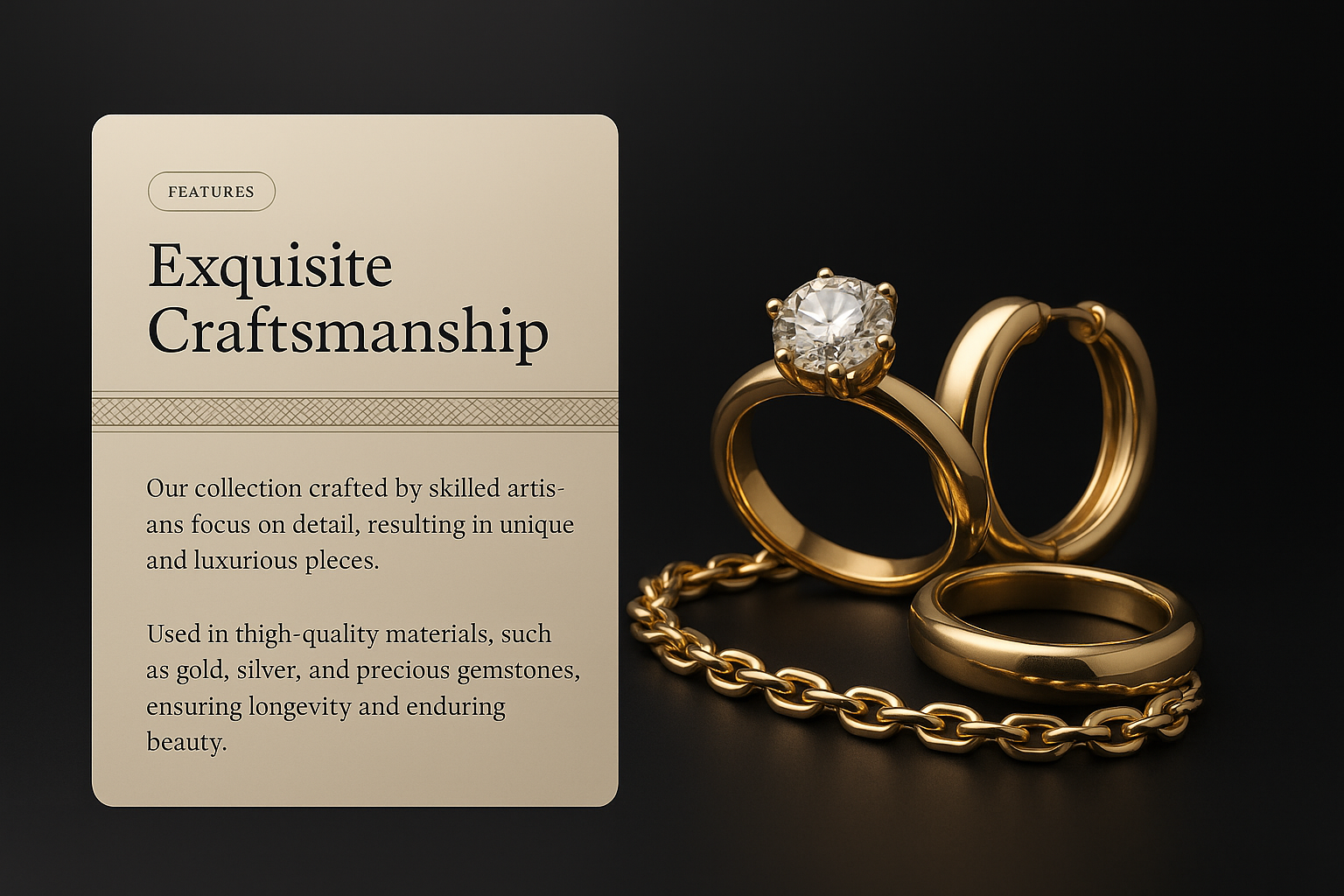 Elegant Jewelry Display on Black Background with Features