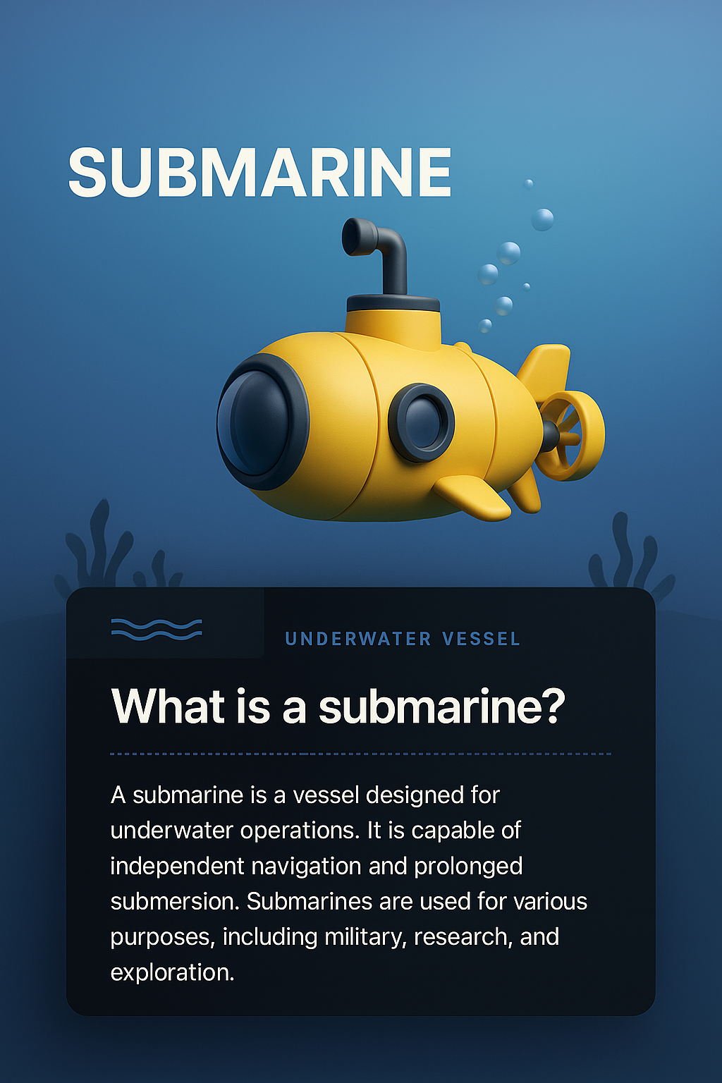 Colorful 3D Submarine Illustration with Informative Text Block