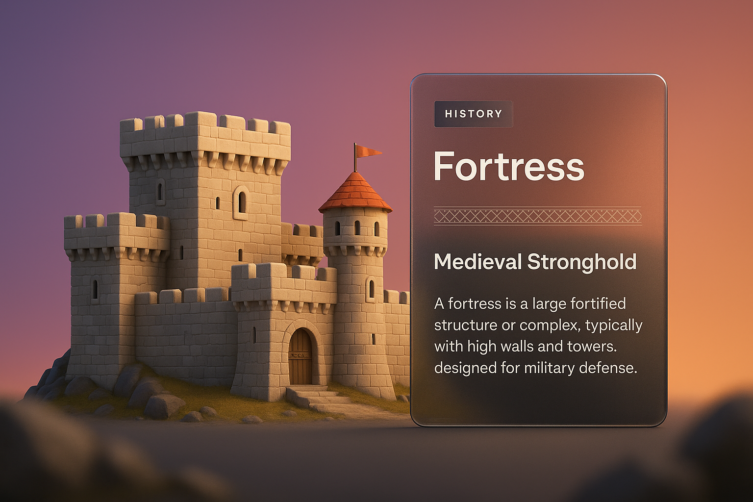 3D Illustration of a Medieval Fortress with Informative Overlay