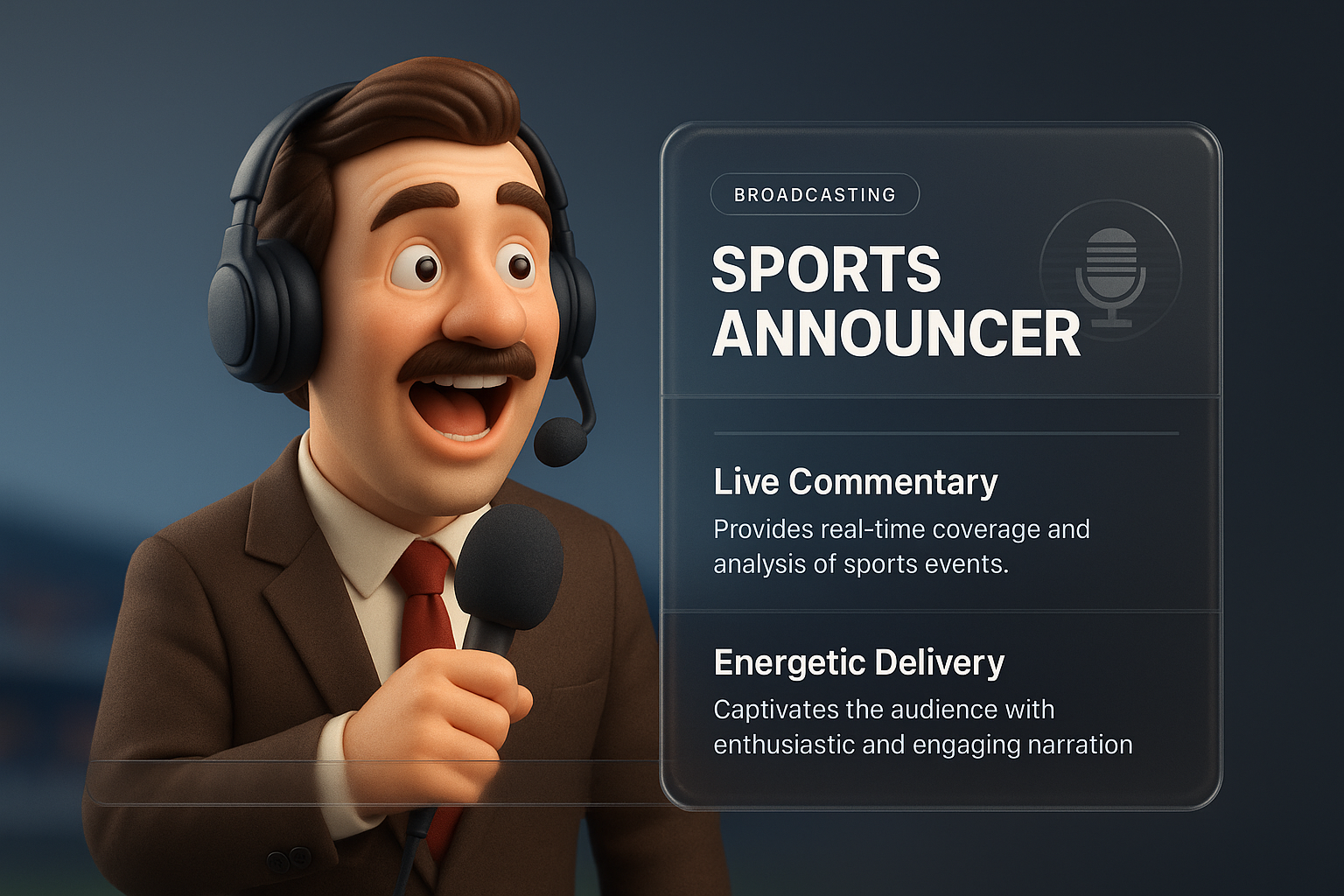 Dynamic 3D Sports Announcer Illustration with Transparent Elements