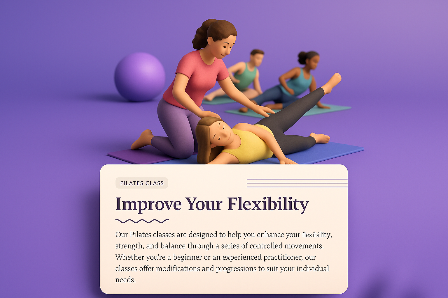 3D Pilates Class Illustration with Engaging Text Block