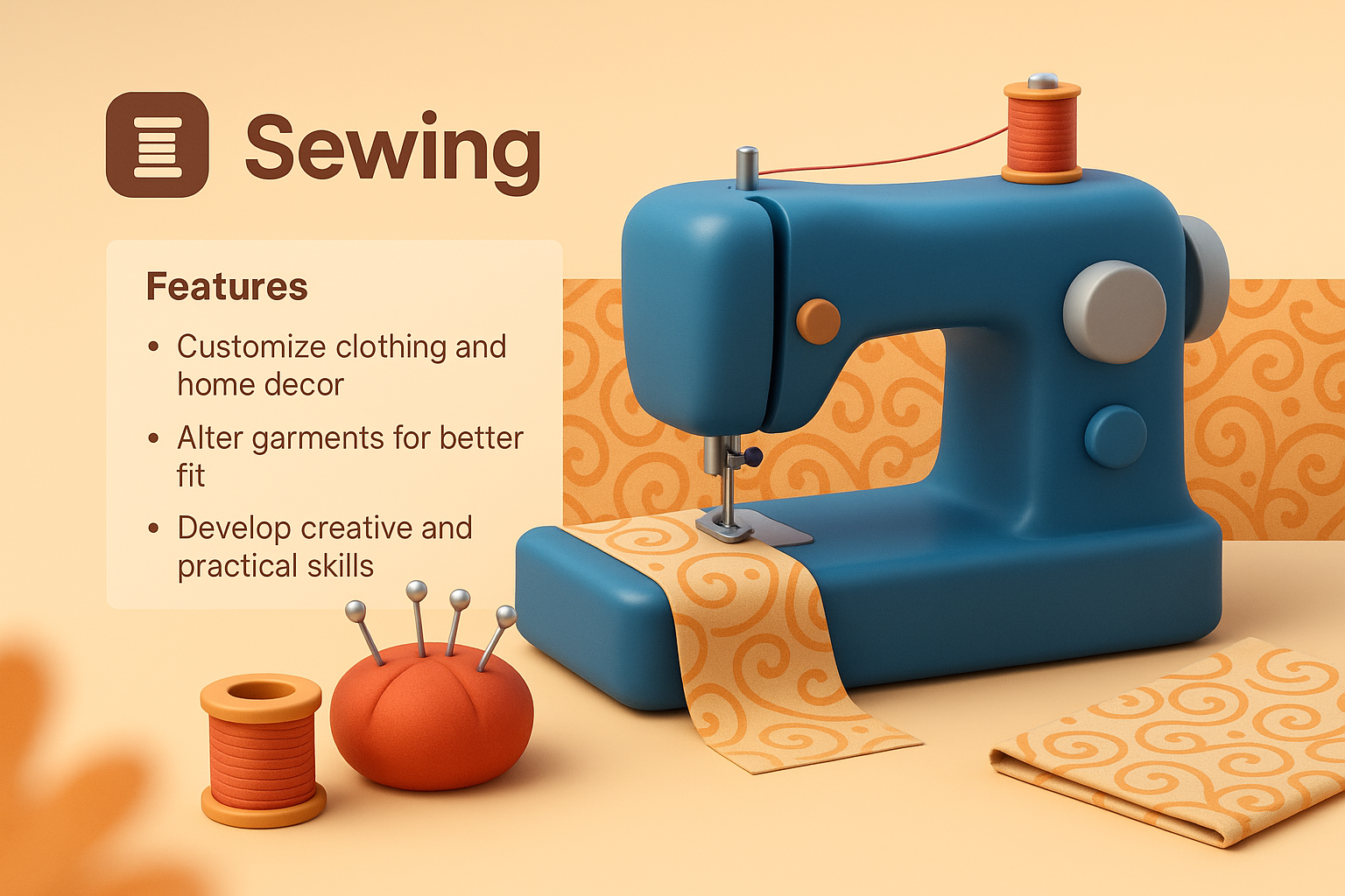 3D Illustration of Sewing Machine and Features