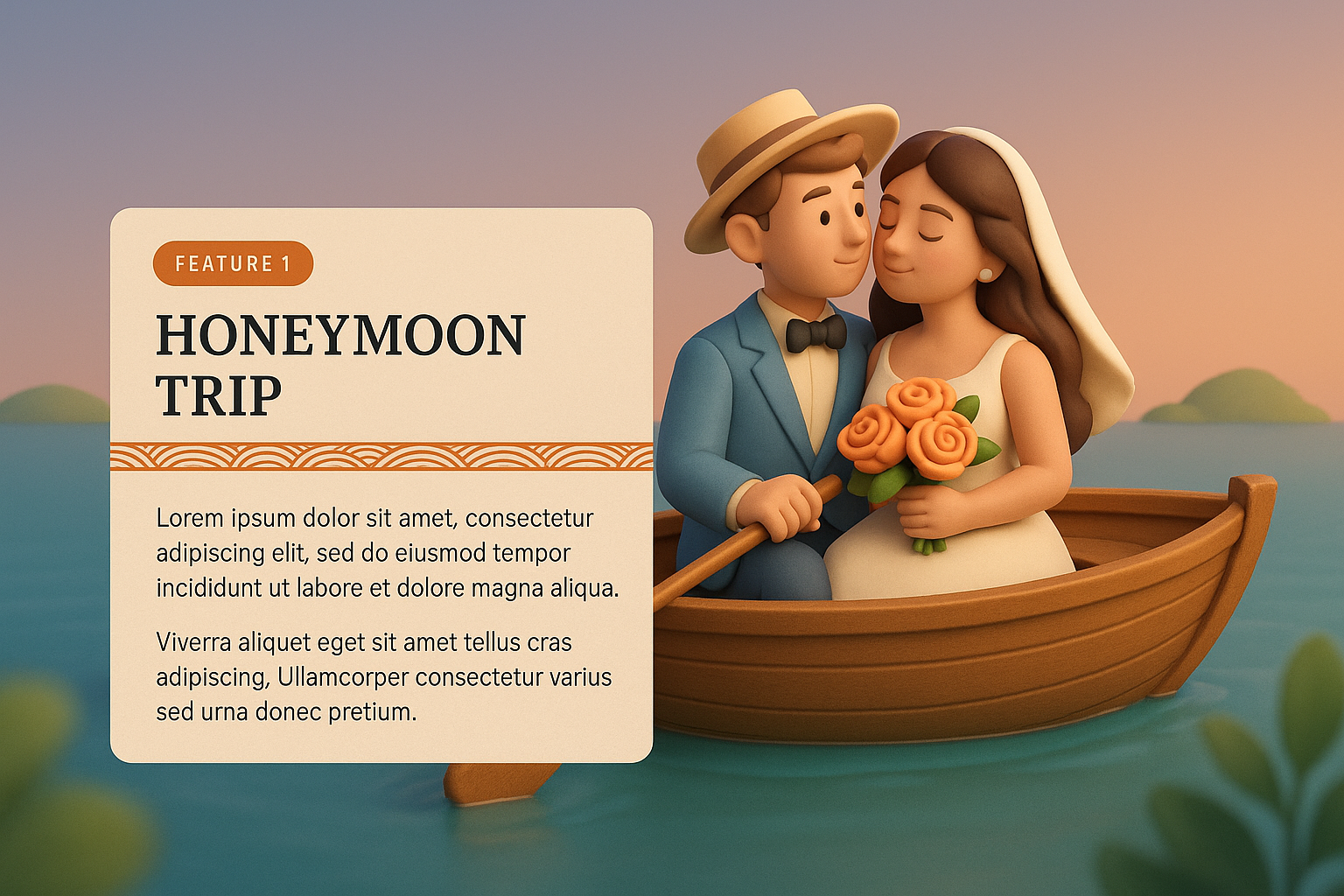 3D Illustration of a Romantic Honeymoon Trip in a Boat