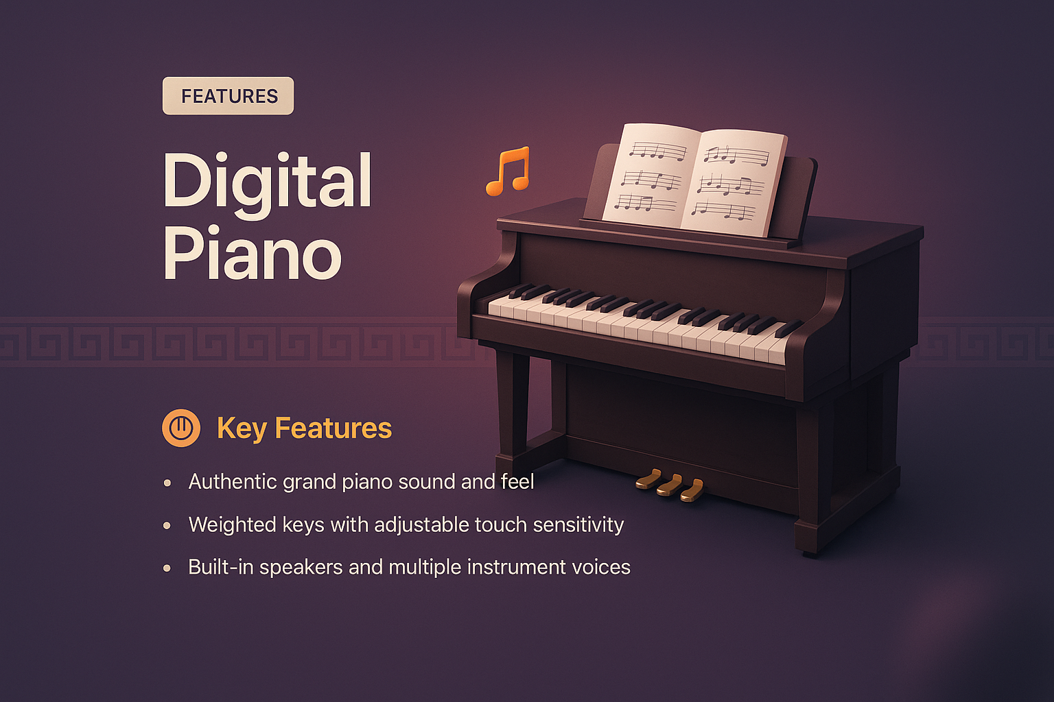 3D Digital Piano with Key Features Highlighted