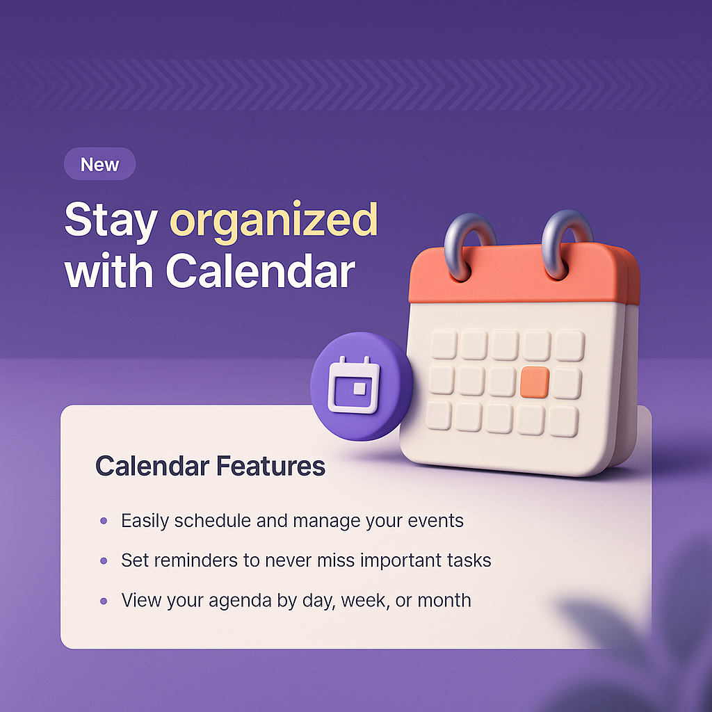 3D Calendar Illustration with Feature Highlights
