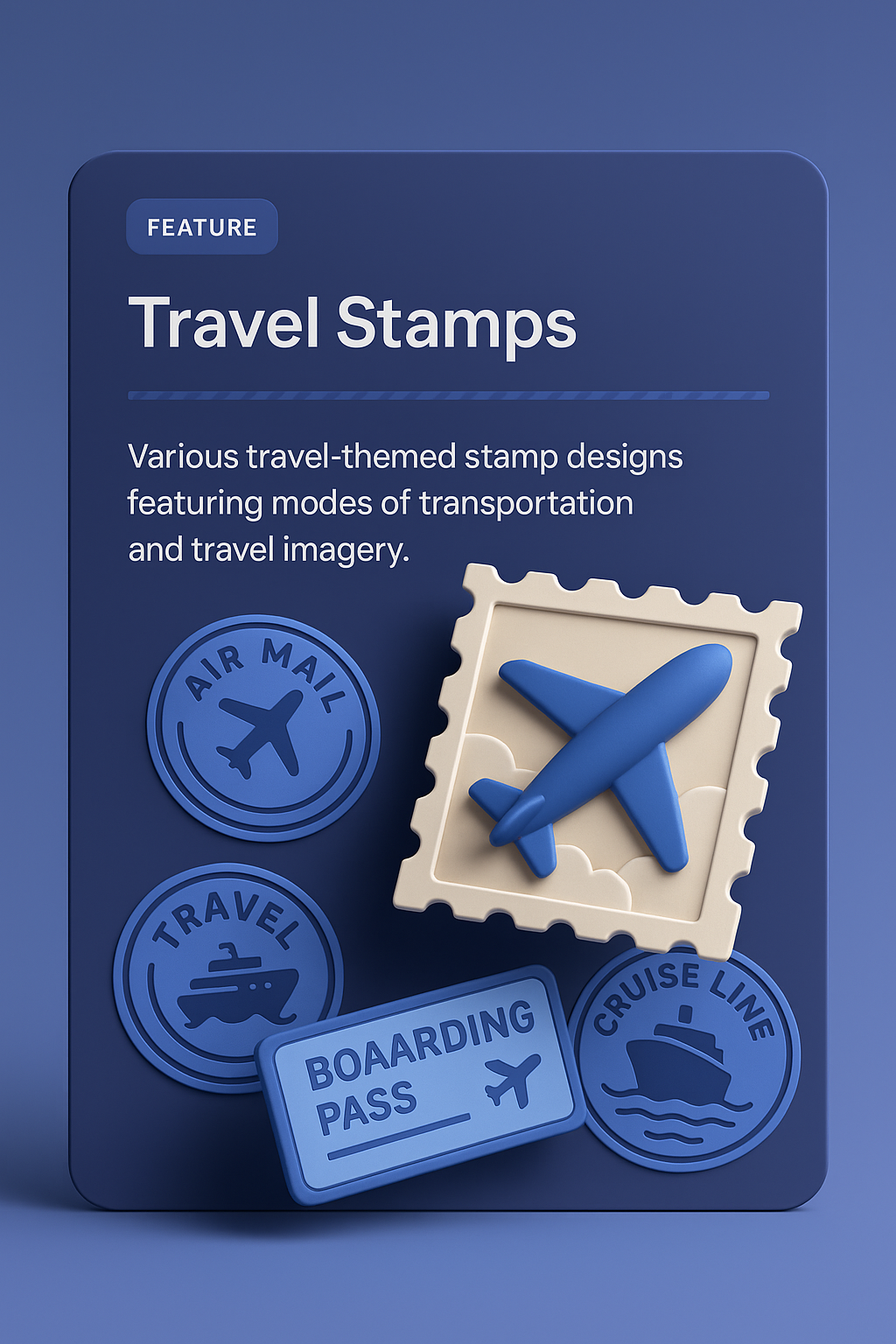 Blue Travel-Themed Stamps Featuring Planes, Ships, and Tickets