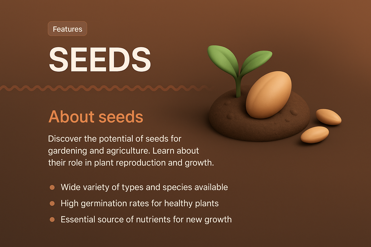 3D Landing Page Design Featuring Seeds and Gardening