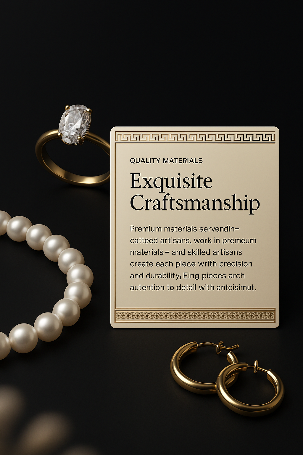 Elegant Jewelry Display on Black Background with Informative Tag