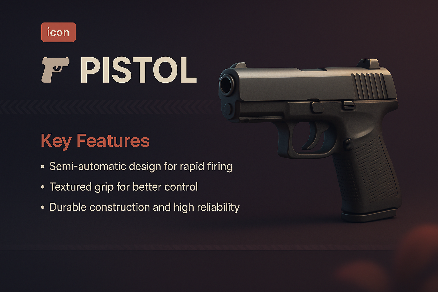 3D Pistol Illustration with Key Features Highlighted