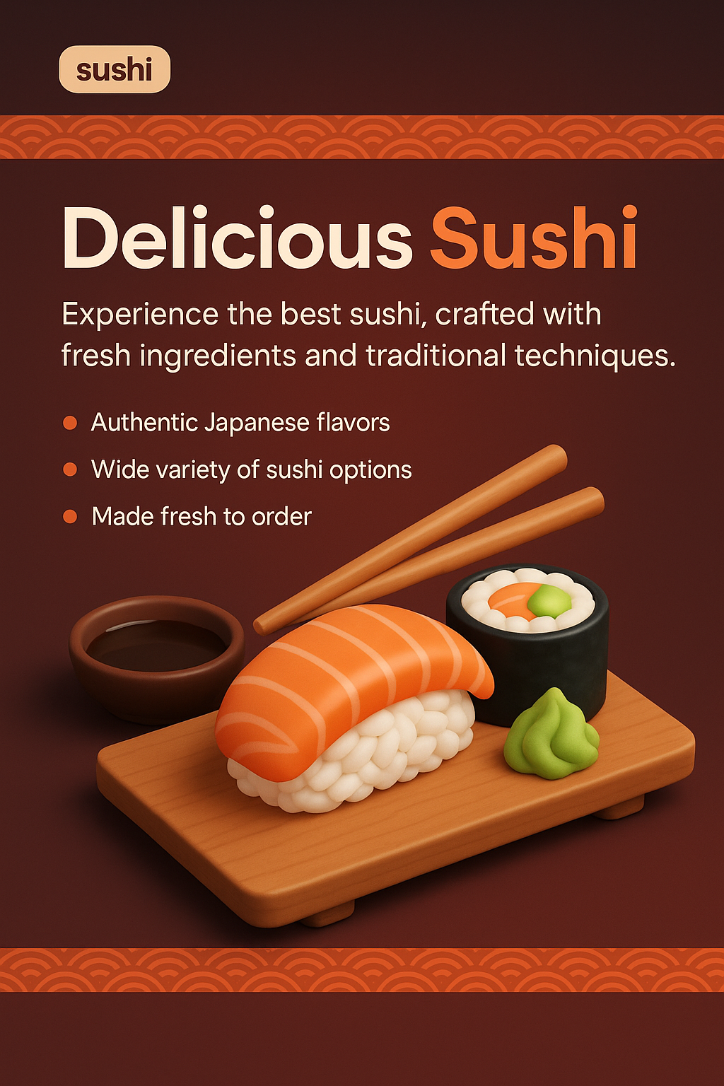 3D Sushi Landing Page Design with Features and Visual Elements