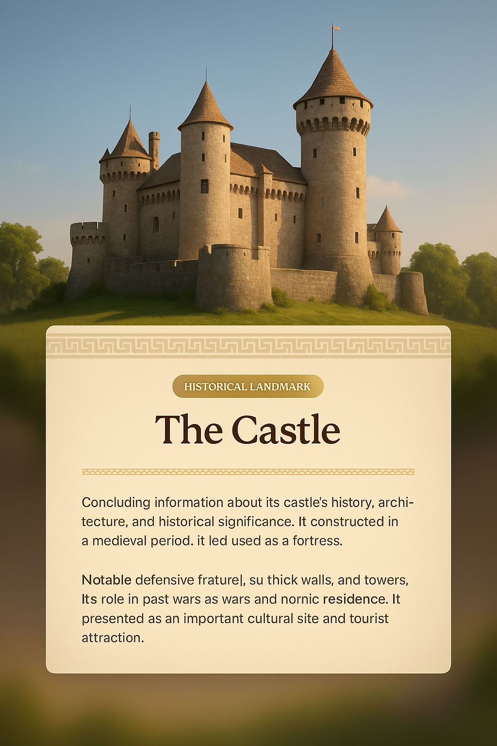 3D Illustration of a Historical Castle with Informative Overlay