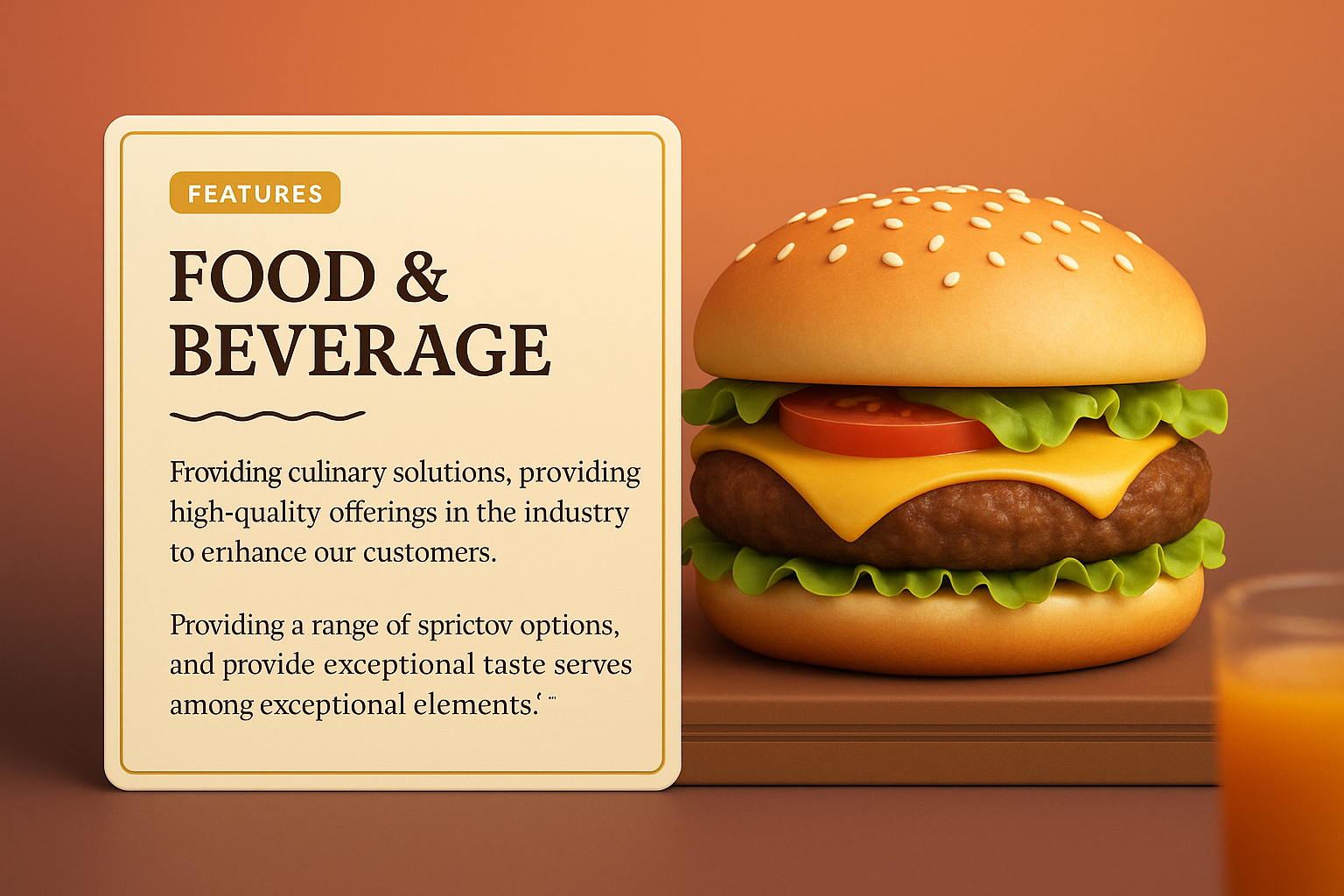 3D Food & Beverage Web Design Illustration with Features Block
