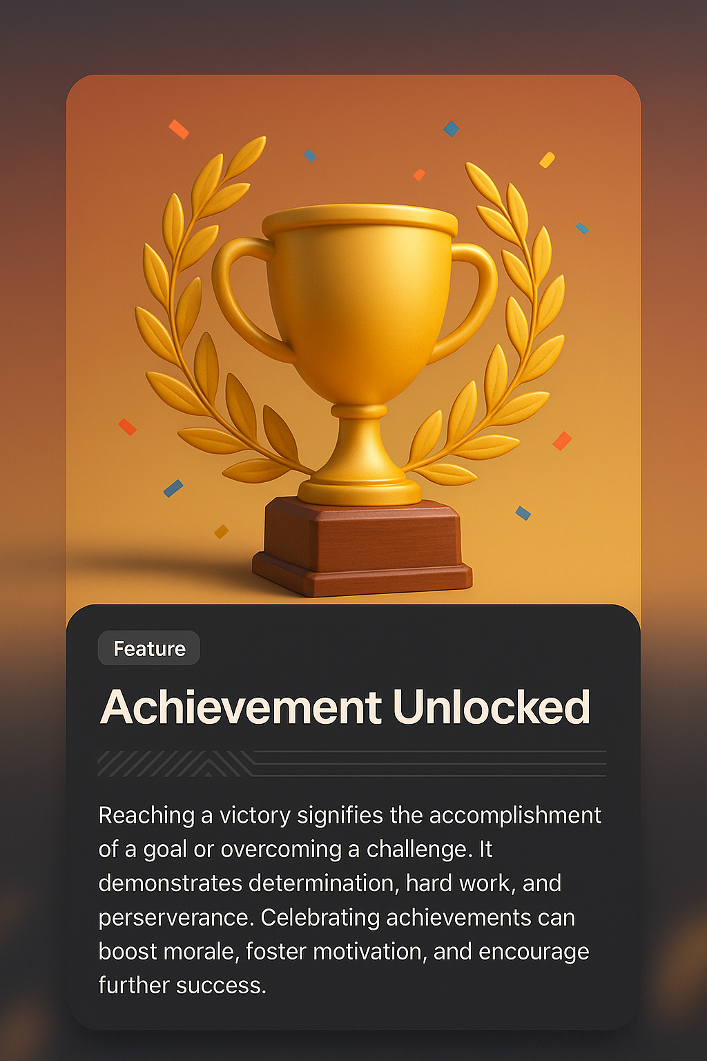 3D Illustration of a Victory Trophy with Achievement Details