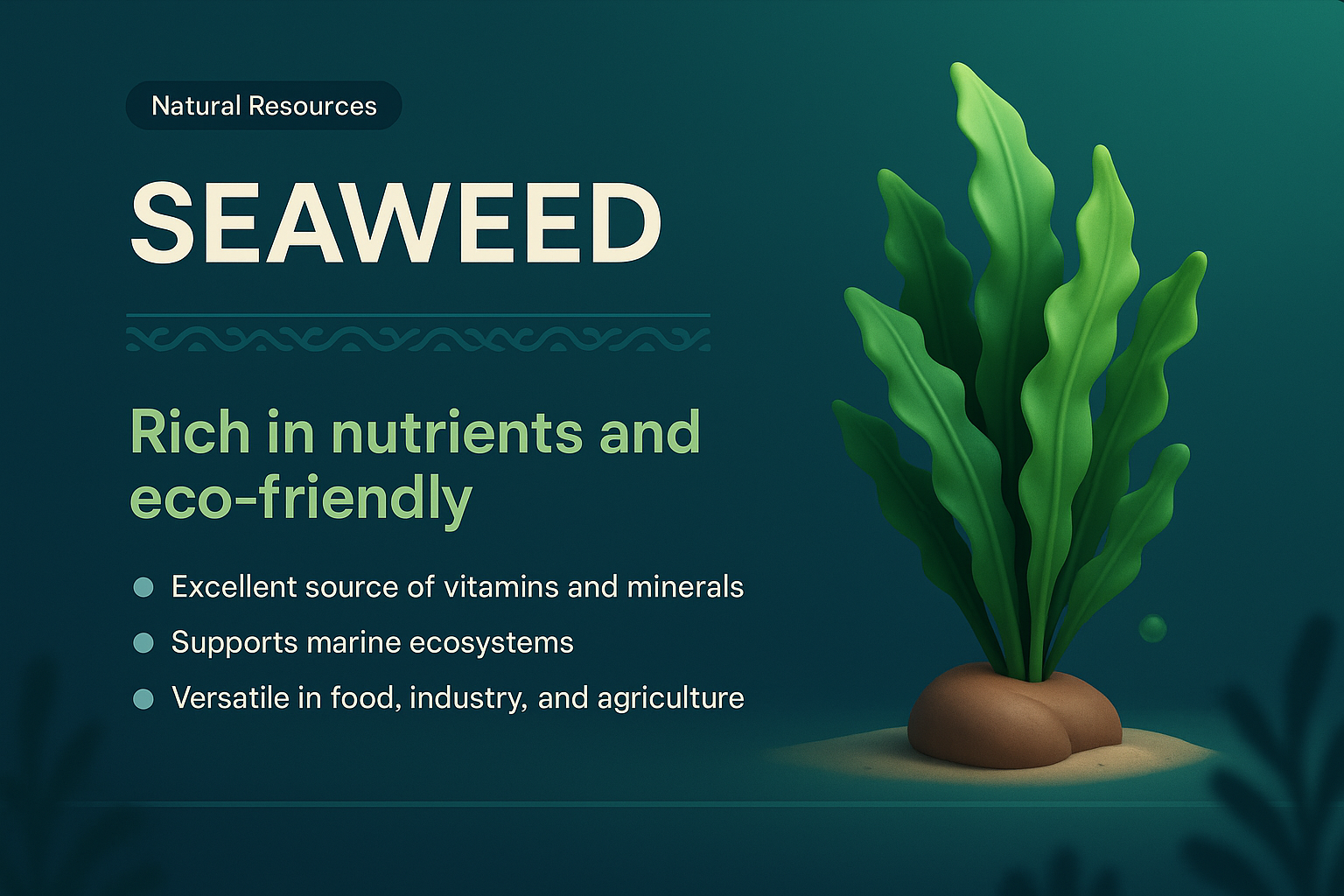 Vibrant 3D Illustration of Seaweed with Nutritional Highlights