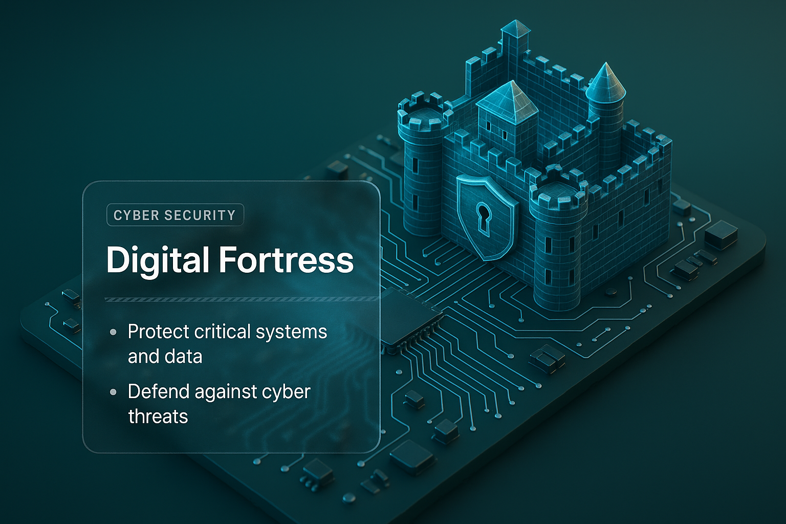 3D Circuit Board Digital Fortress Illustration for Cyber Security
