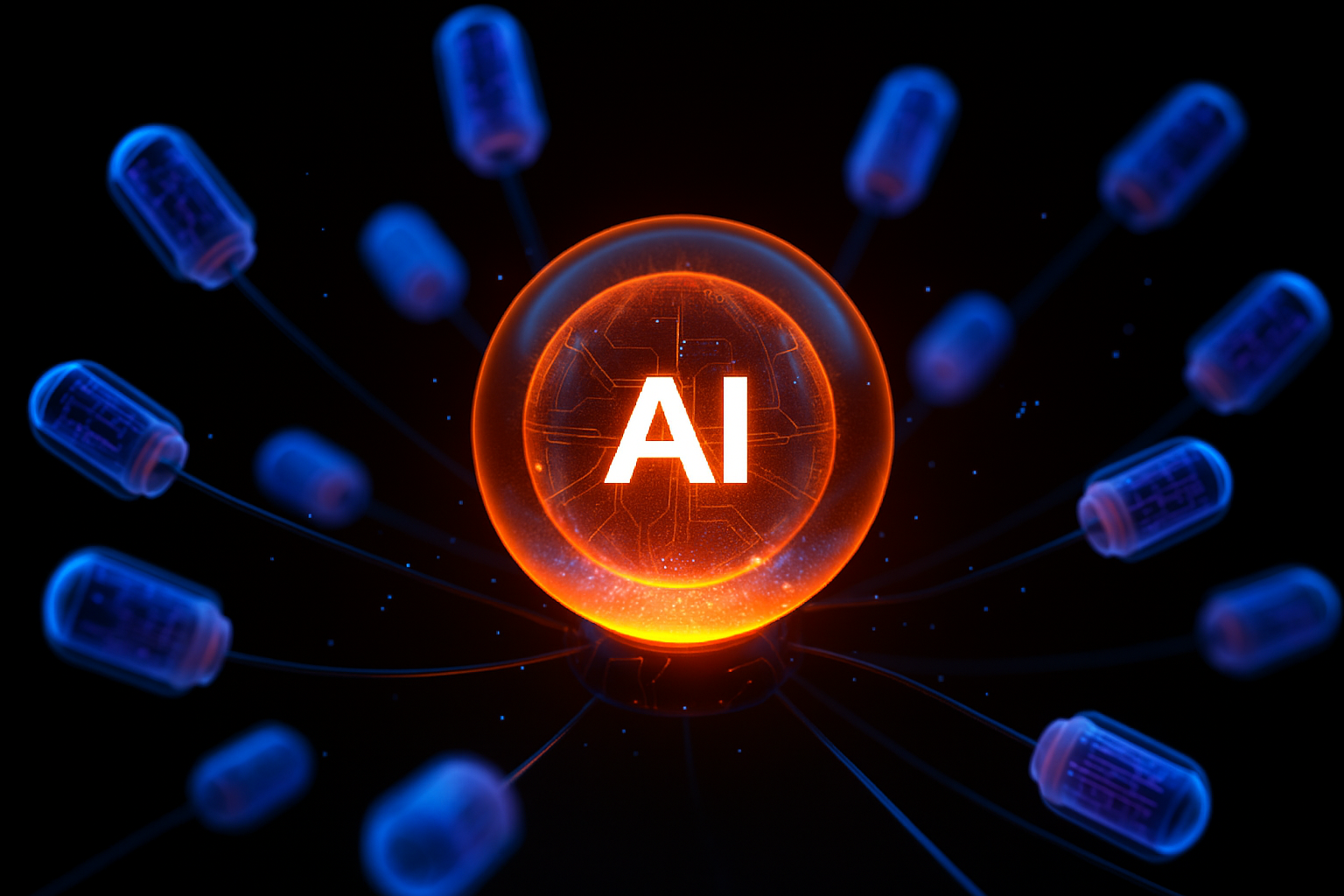 Illuminated AI Agents Connected to Central Sphere