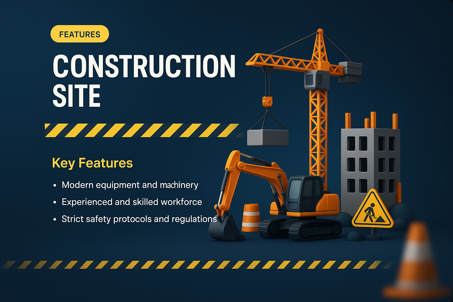 3D Construction Site Illustration with Key Features