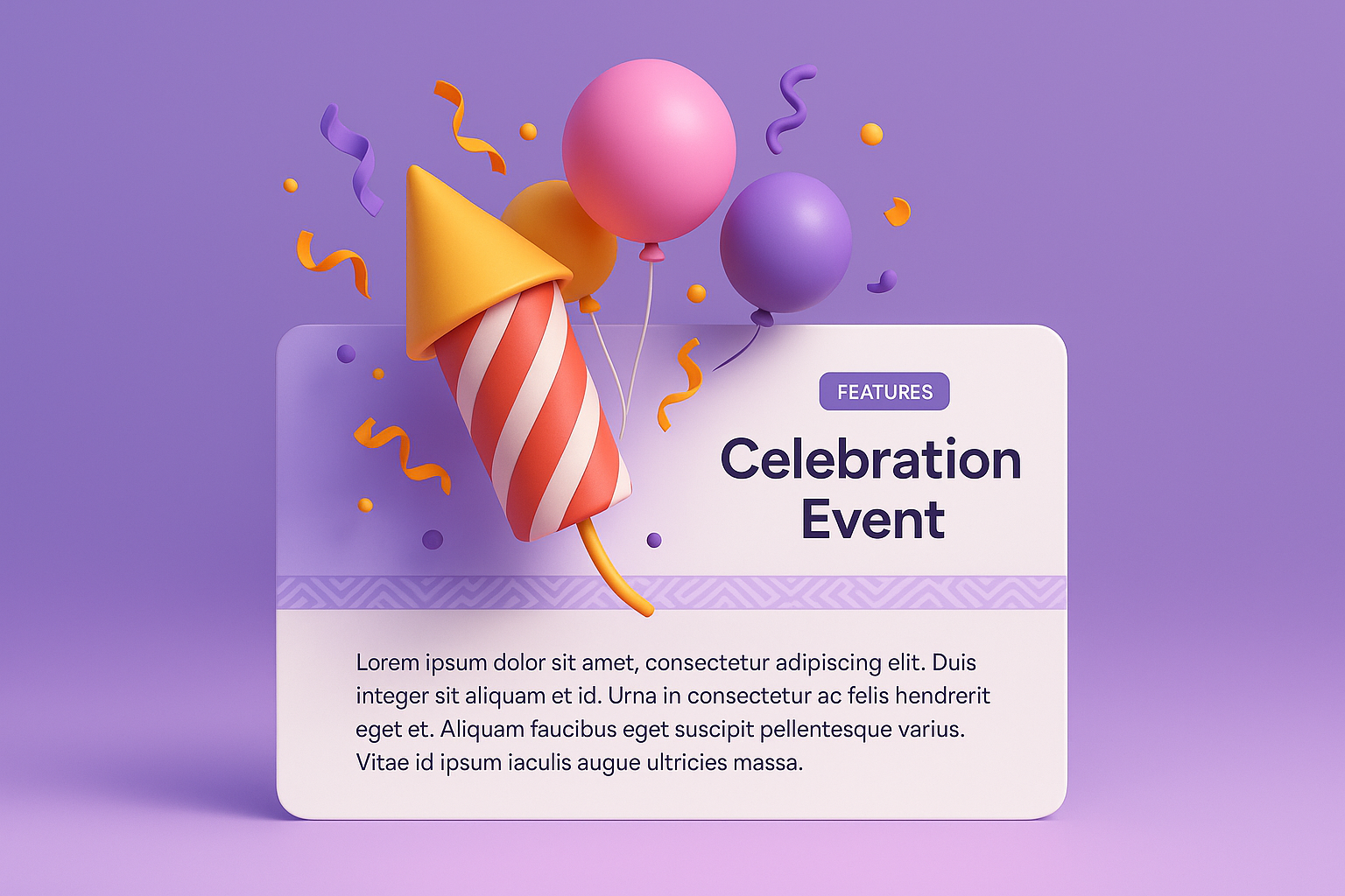 Vibrant 3D Celebration Event Illustration with Features Block