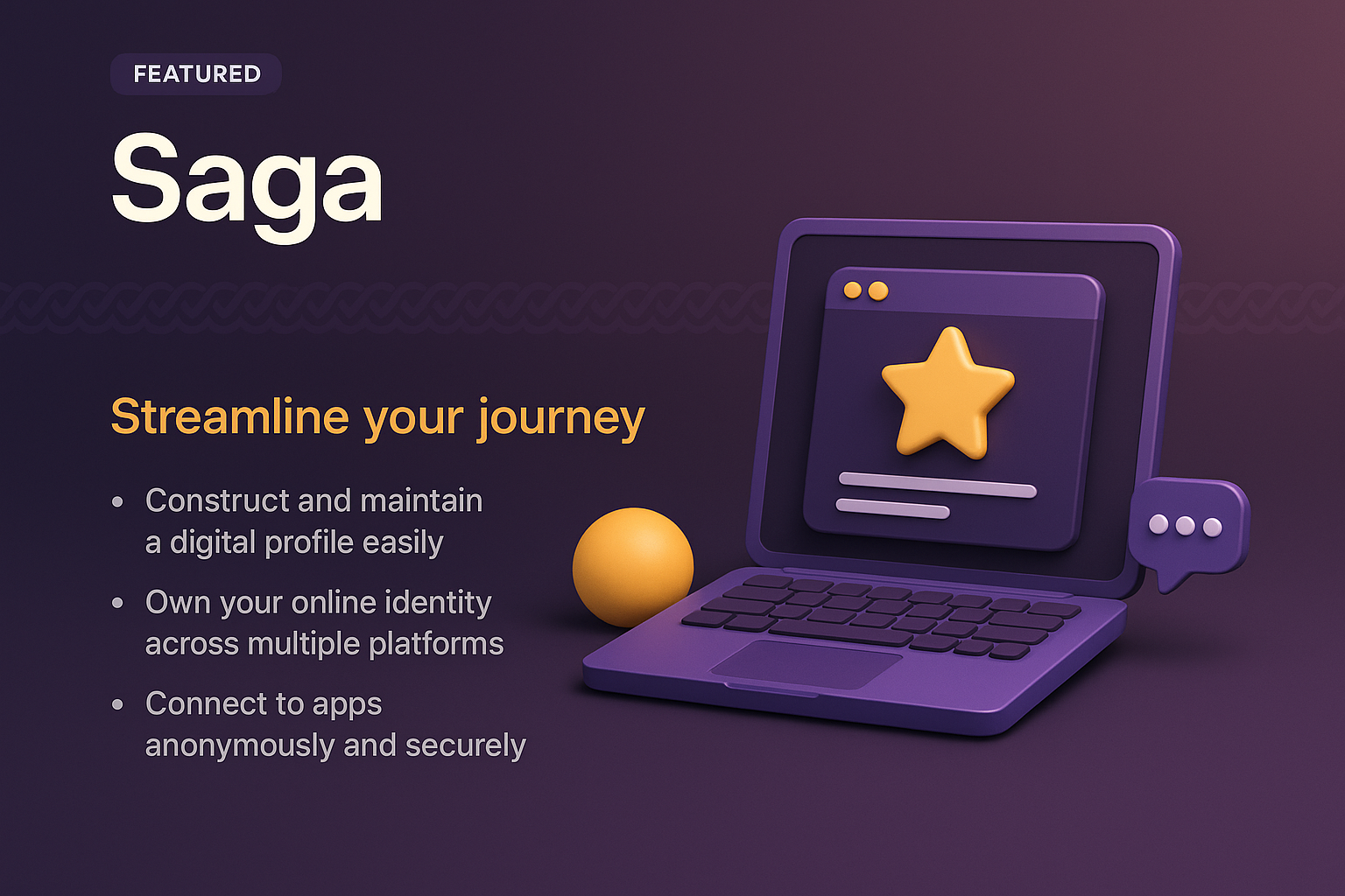 3D Illustration Landing Page for Saga with Feature Highlights