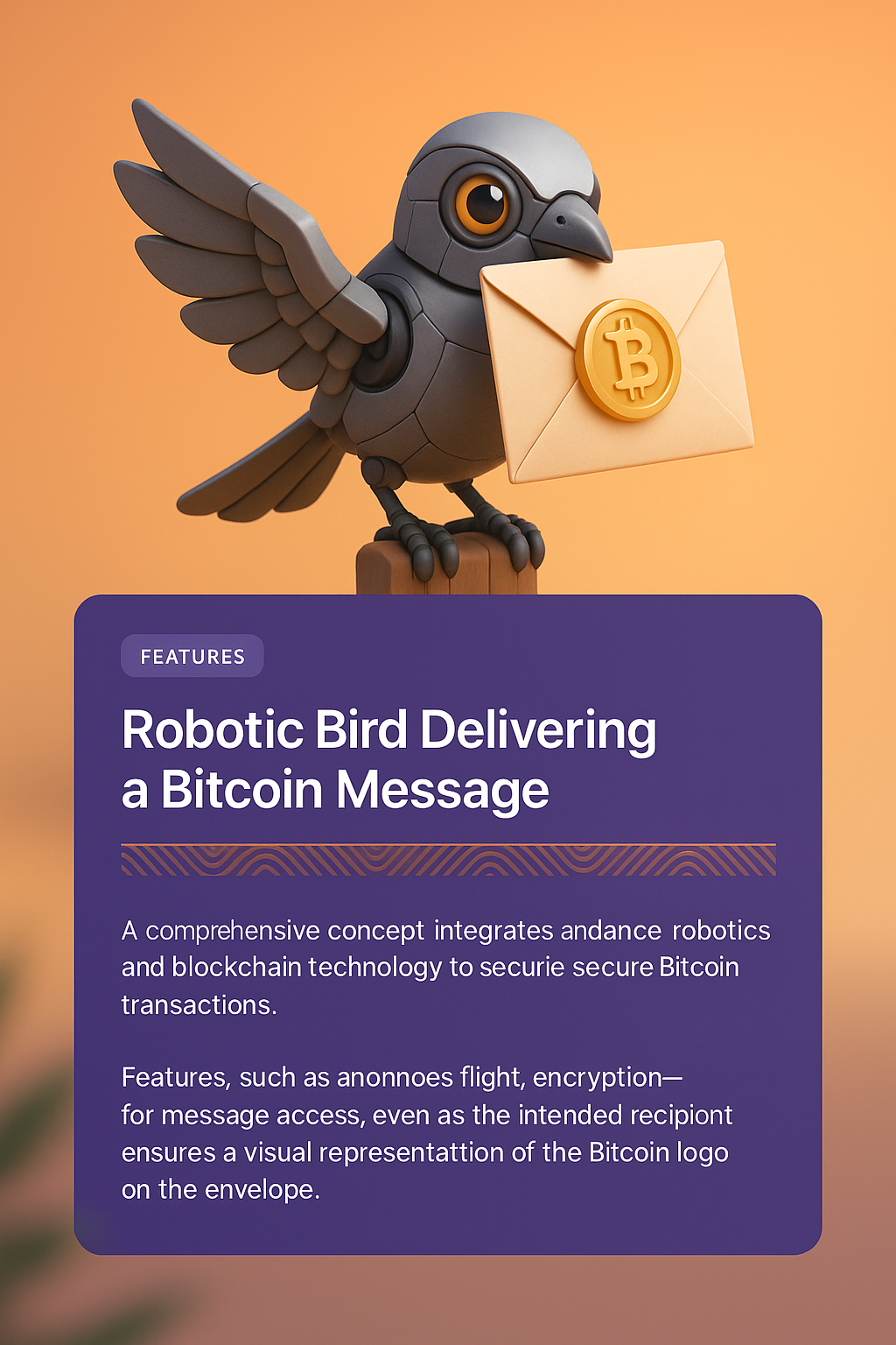 Robotic Bird Delivering Bitcoin Message in 3D Illustration