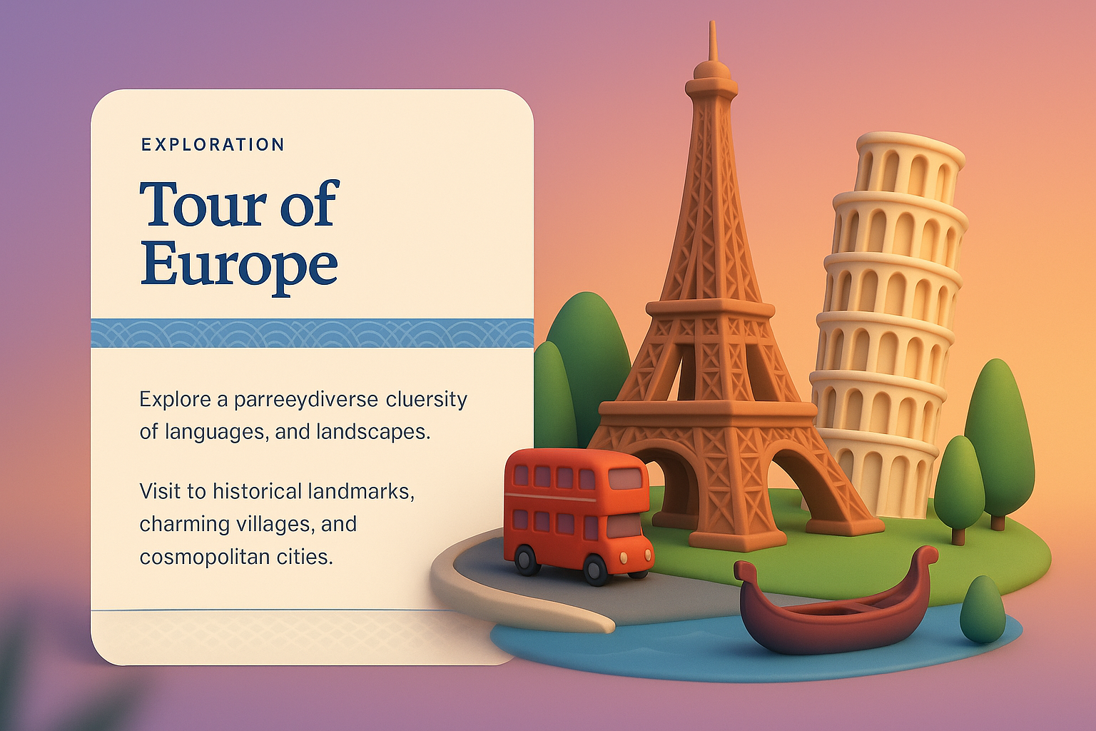 3D Illustration of a European Tour Featuring Iconic Landmarks