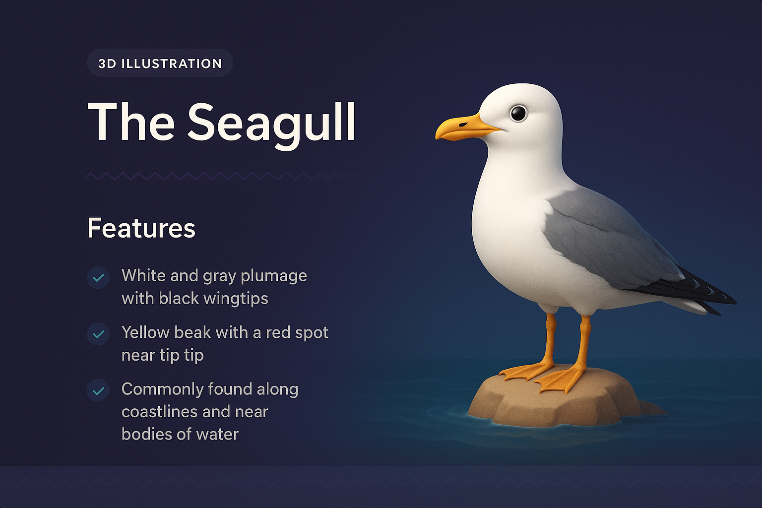 3D Illustration of a Seagull with Features and Design Elements