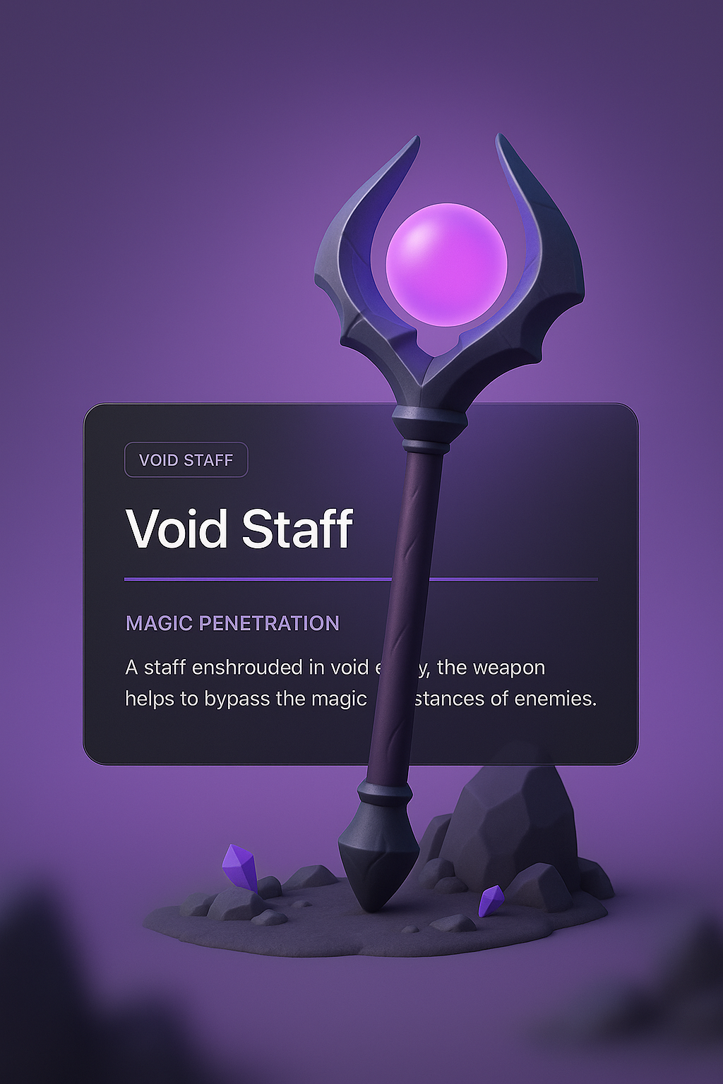 3D Illustration of Void Staff with Deep Colors and Text Blocks