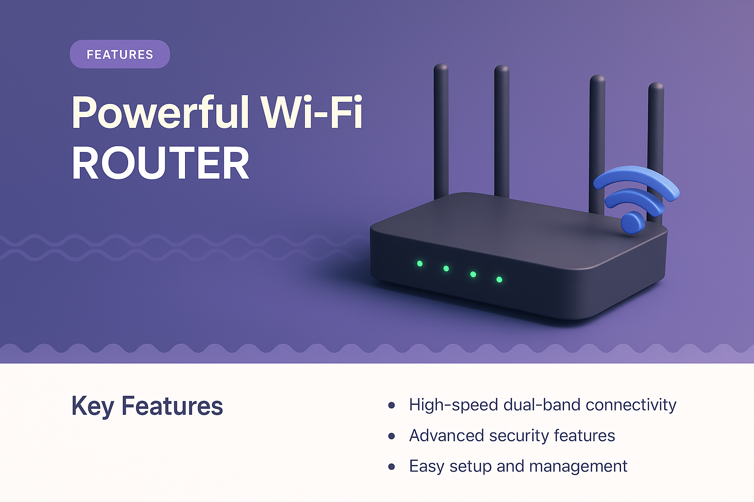 3D Illustration of a Powerful Wi-Fi Router with Key Features