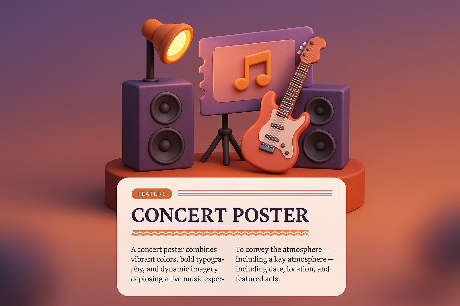 Vibrant 3D Concert Poster Design with Musical Elements