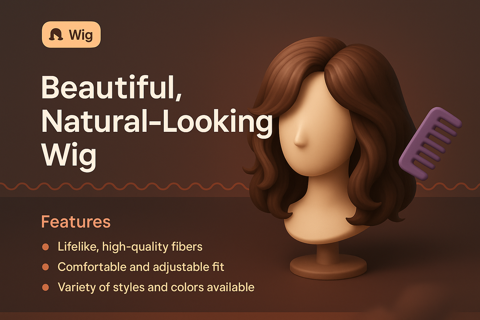 Stylish 3D Wig Illustration with Features Listing