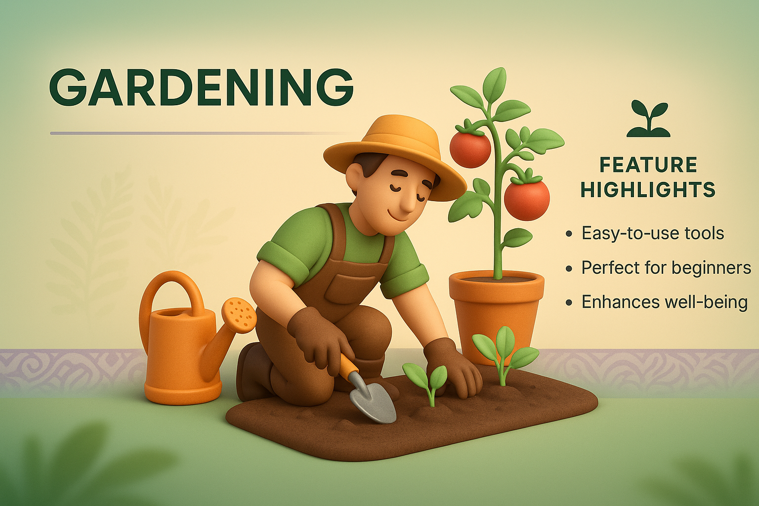 3D Gardening Illustration with Feature Highlights