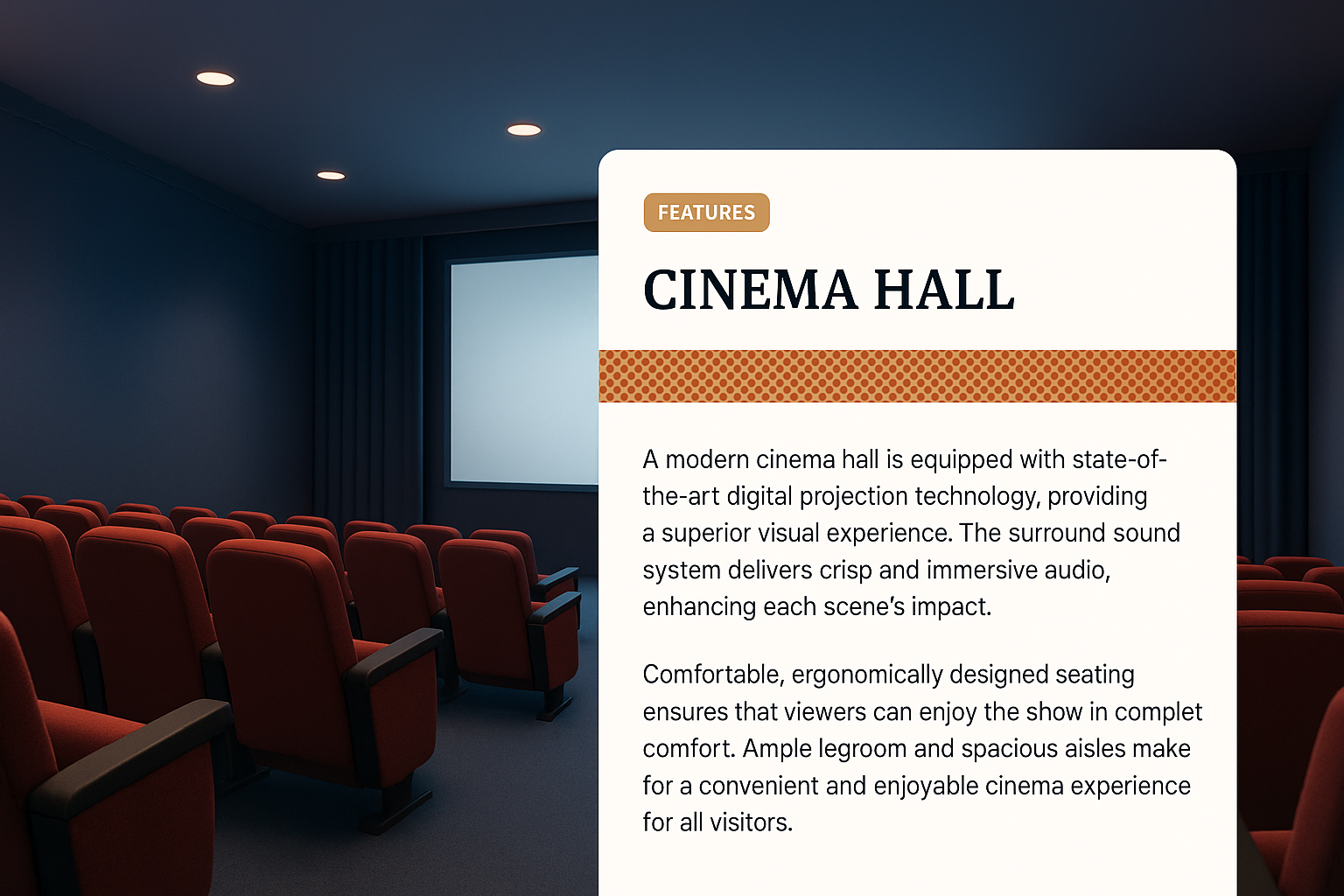 3D Cinema Hall Illustration with Features Description